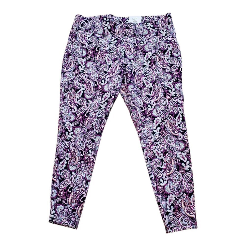 LANDS END Petite Paisley Legging Starfish Mid Rise Navy Blue Purple SZ L